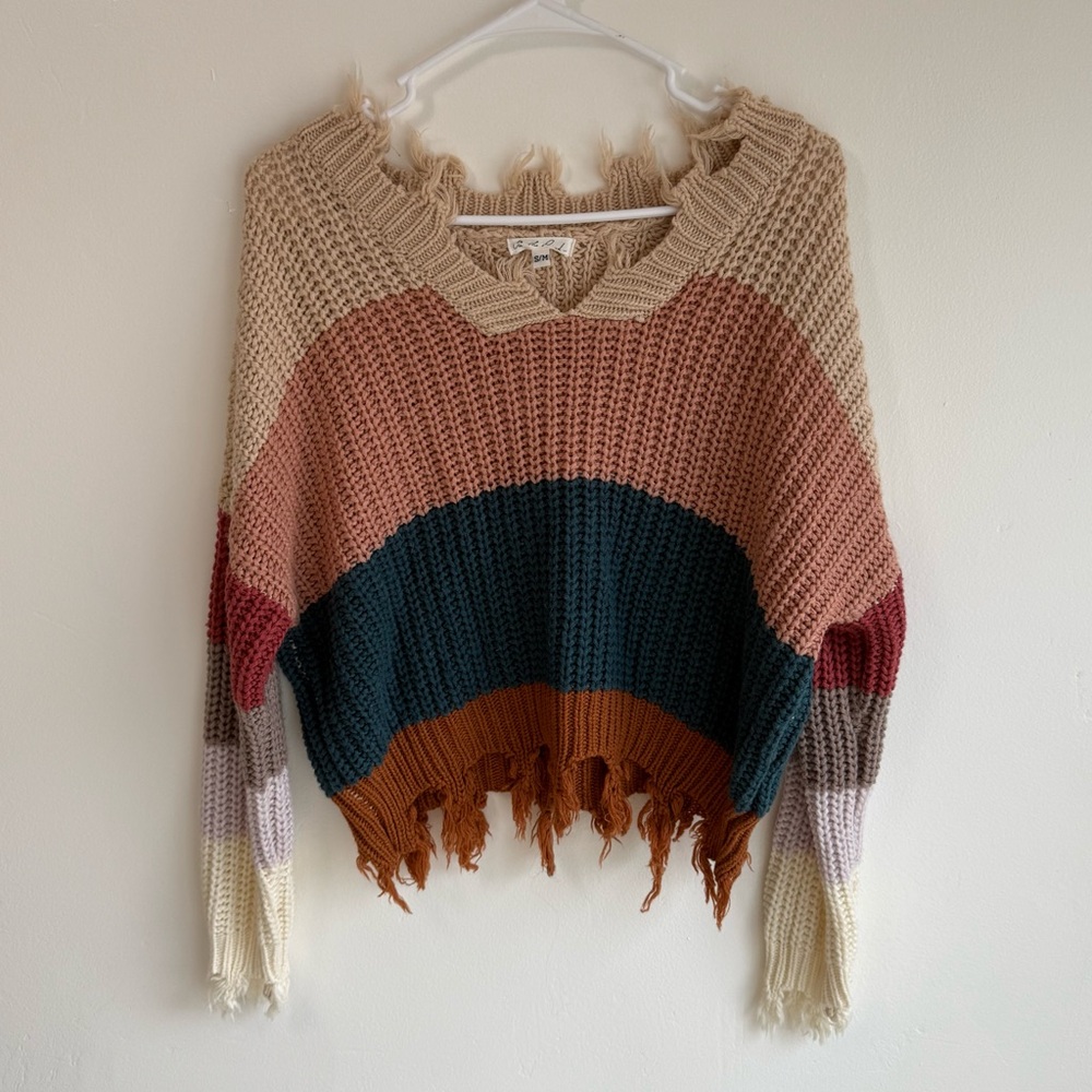 On The Road Cropped Color Block Distressed Sweater